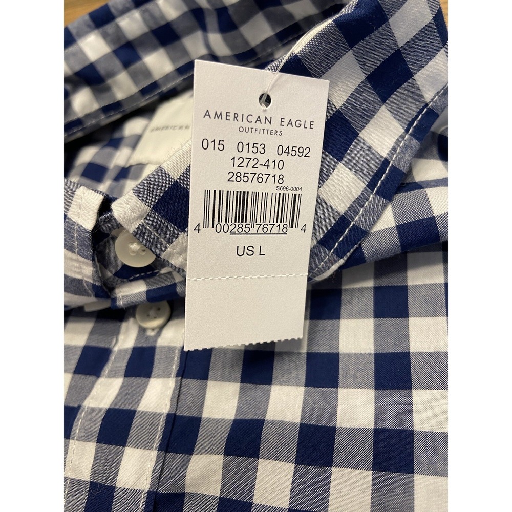 American Eagle Button Down‎ Shirt Blue White Plaid Long Sleeve Size Large New - Picture 9 of 10